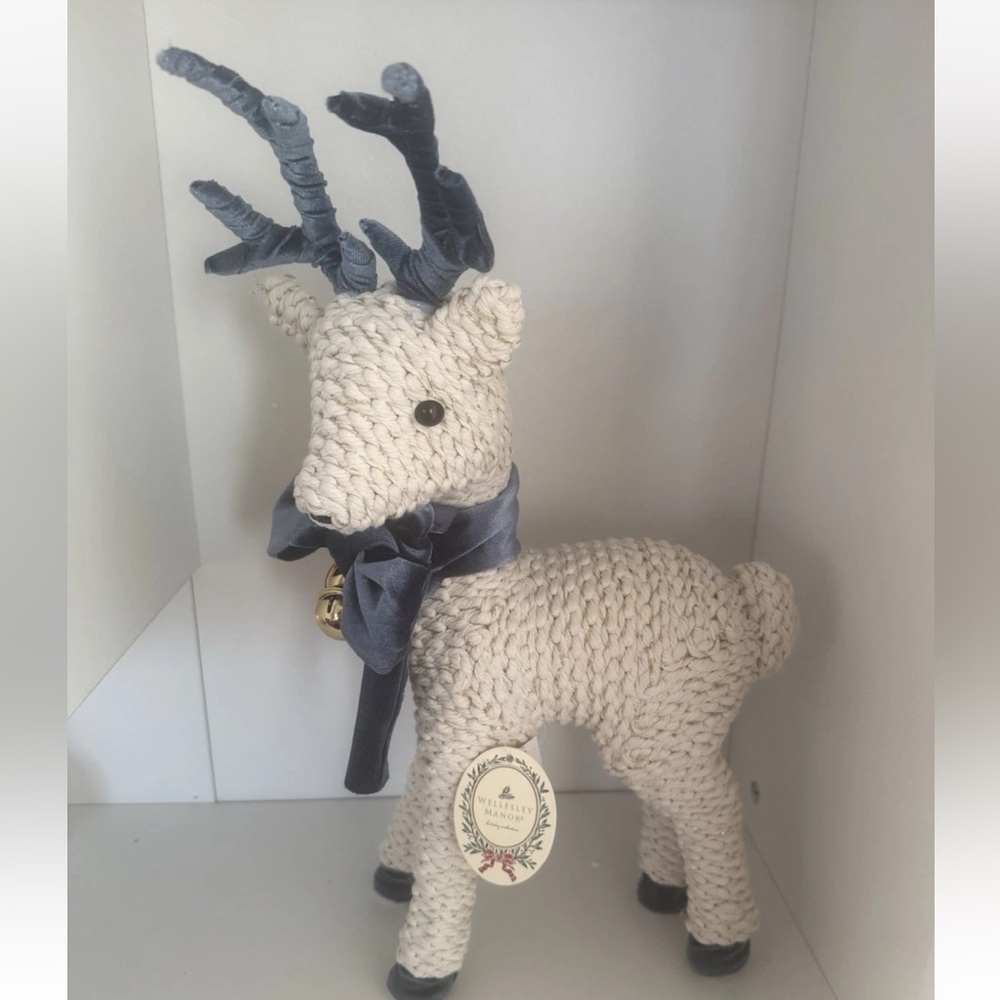 Wellesley Manor Holiday Braided Rope Reindeer  Blue Velvet Bow & Gold Bells